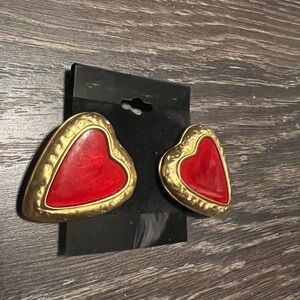 Vintage rare Y2K Anne Klein Golden and Red Heart Earrings clip ons 1.5 inches